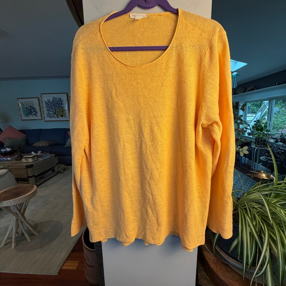 Eileen Fisher Sweater Womens 2X Yellow Organic Linen Knit Scoop Neck Lagenlook